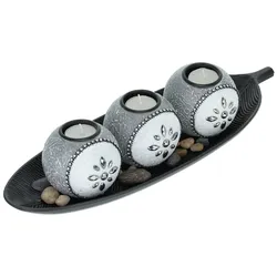 Relaxdays Teelichthalter Set mit Schale & Dekosteinen, 40,5 cm lang, Tischdeko Wohnzimmer, Kerzenhalter, grau/schwarz