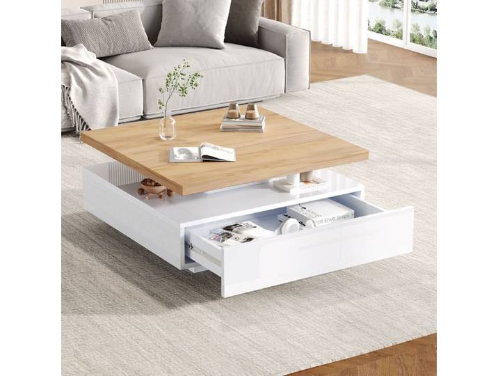 Table Basse Carrée 360° Rotative Blanc Brillant & Noyer avec Grand Tiroir Table de Salon Moderne 70×70×36 cm