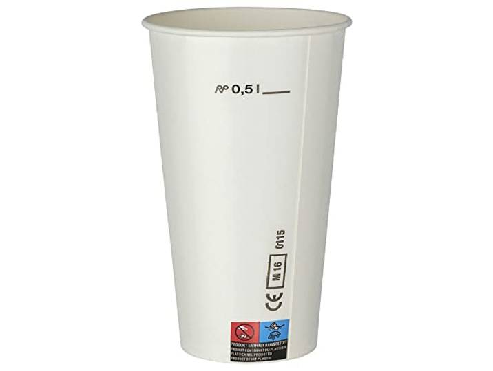 FALAMBI 1000 Stk. Kaltgetränkebecher Pappbecher weiß mit CE Eichstrich 500 ml Einwegbecher konisch Klassiker für Heiß- und Kaltgetränke Zuhause
