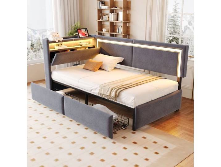 MEUBLIV Lit avec tiroirs lit enfant 90x200cm avec 2 tiroirs lumière LED et port de chargement USB velours gris foncé