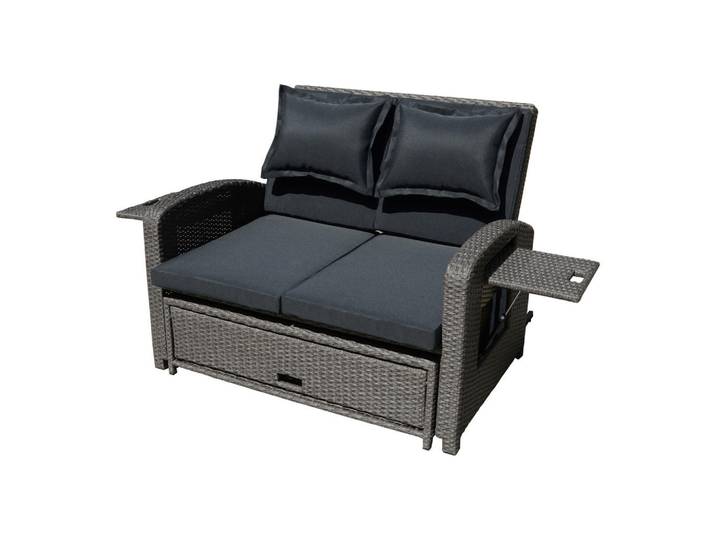 Gardenson Loungesofa, Schwarz, Metall, Kunststoff, 2-Sitzer, Füllung: Polyester, nicht einzeln stellbar, 117x93x74 cm, wetterfest, UV-beständig, regenabweisend, gastro- und objekttauglich, ausziehbarer Tisch, Hocker, klappbare Rückenlehne, geeignet für Balkon, Loungemöbel, Outdoorsofas