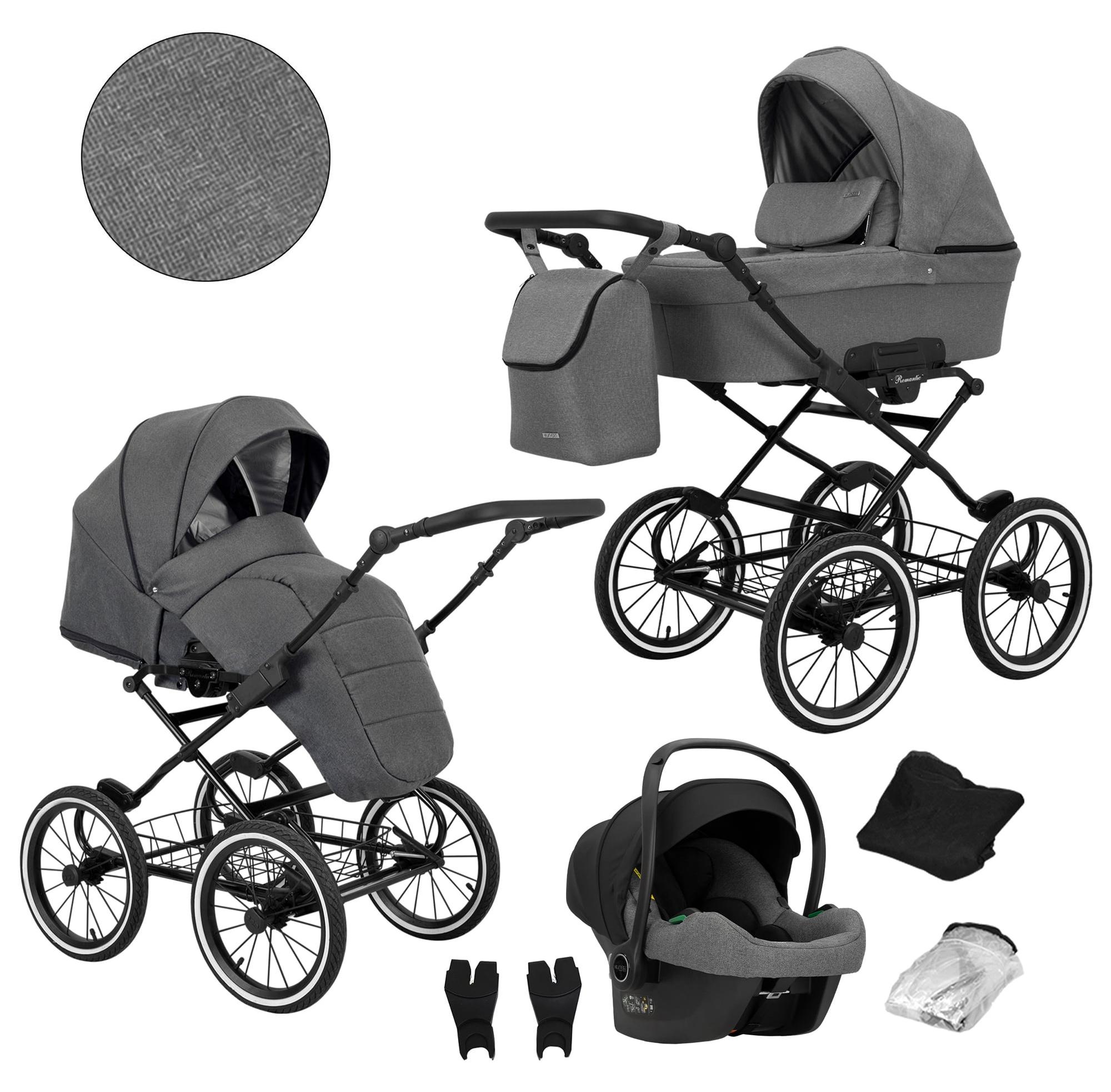 Kunert Romantic 3-in-1 Kombikinderwagen Grau mit Babyschale, schwarzer Rahmen