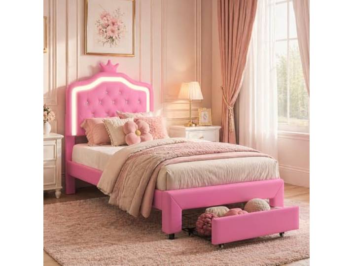 Polsterbett 90x200 cm mit Lichtern & Schubladen, Luxuriöses LED Einzelbett gepolstertes Bett Kinderbett Mädchenbett in Kronenform, ideal für Erwachsene und Jugendliche, Ohne Matratze(Rosa+Schubladen)