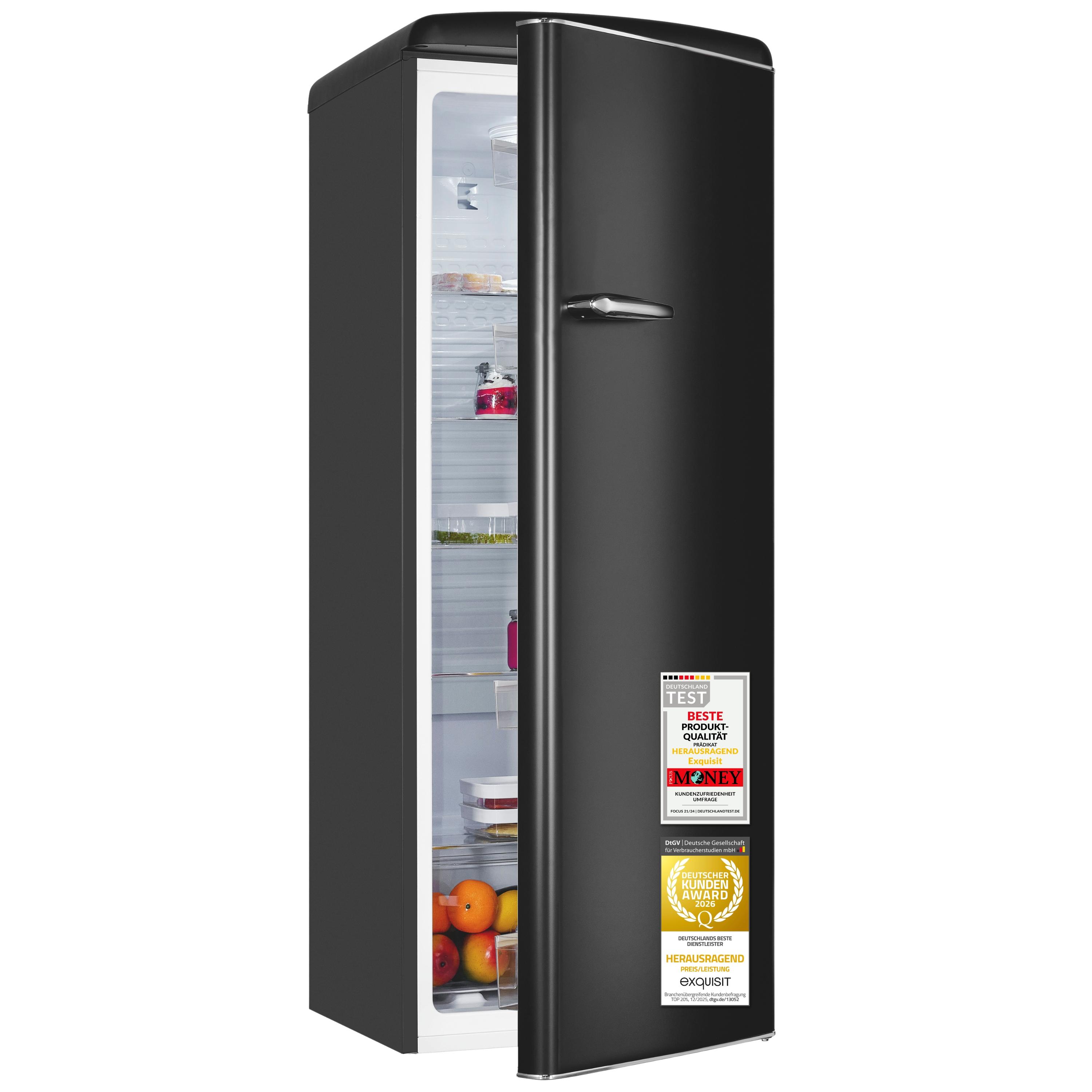 Exquisit Retro Kühlschrank 225 l | Energieklasse C | leise 37 dB | 54,5 cm schmal | großes Gemüsefach | LED-Beleuchtung | RKS325-V-H-160C mattschwarz
