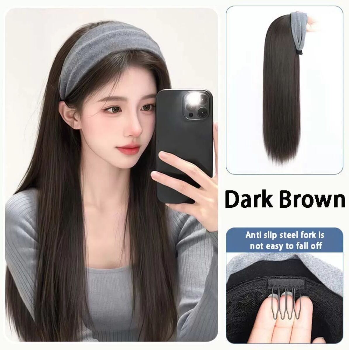 INF Perruque Bandeau Volume Couronne Haute Cheveux Longs Lisses - Couleur Thé Noir