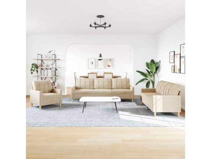 KTHLBRH Set mit 3 Sofas aus cremefarbenem Stoff, 1 + 2 + 3 Sitzer Gestell aus robustem Metall, Füllung aus Schaumstoff, weiches Polyester, maximale Belastung 110 kg