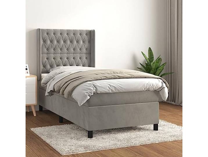 Samt mit Taschenfederkern höhenverstellbares Kopfteil Boxspringbett Grau Boxspringbett mit Matratze Hellgrau 90x190 cm Samt Topper Verstellbares Kopfteil Taschenfederkern Doppelbett Einzelbett