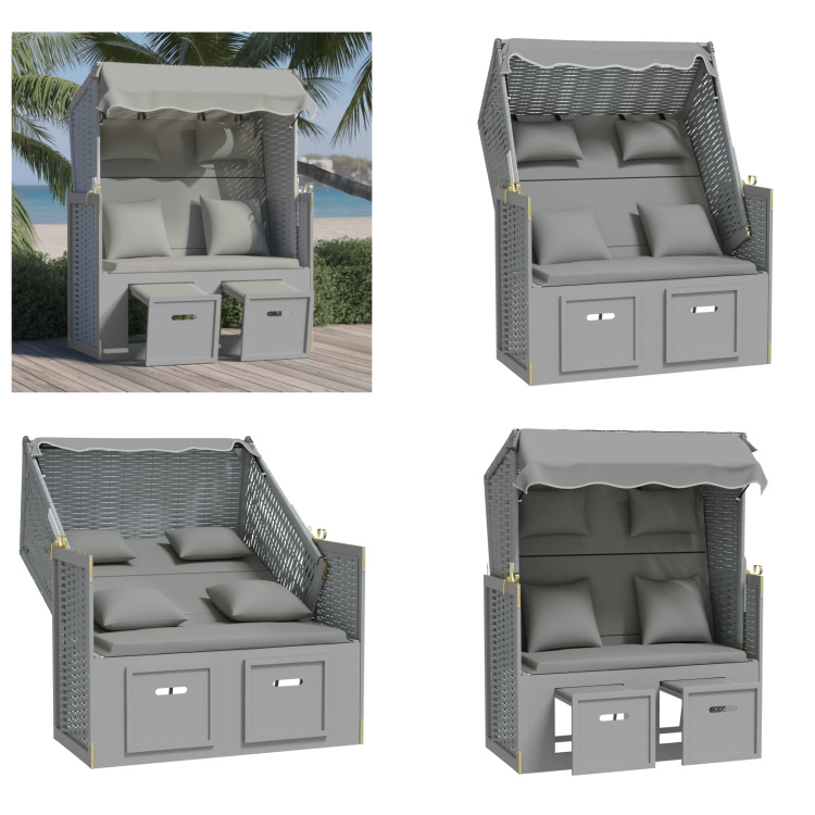 vidaXL Strandkorb mit Kissen Poly Rattan und Massivholz Grau - Strandkorb - Strandkörbe - Sonnenliege - Strandliege