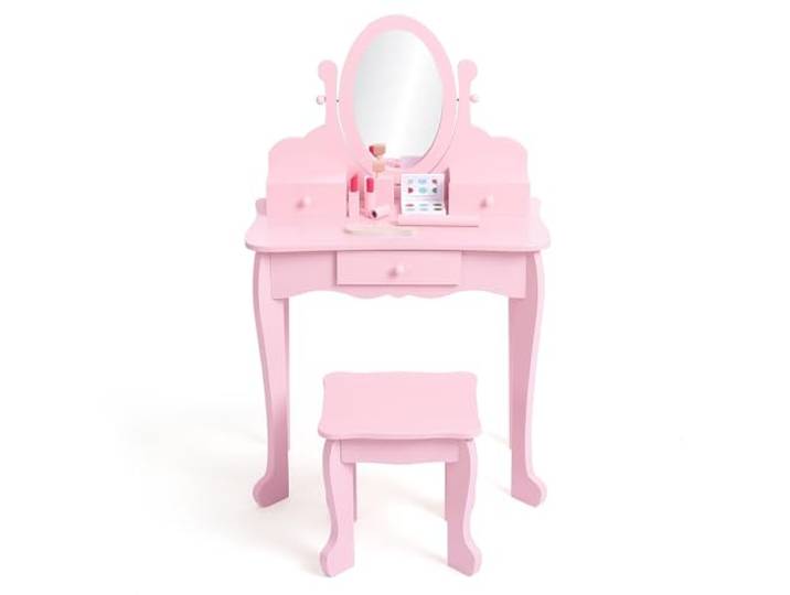 Acekool Kinder-Schminktisch mit Spiegel & Hocker – Rosa Spielzeug-Kommode für Mädchen 4-9 Jahre, ohne Licht