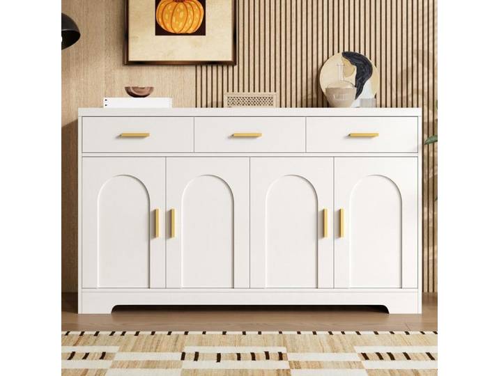 Buffet 140x40x83cm buffet de salon 4 portes cintrées 3 tiroirs étagères réglables en hauteur MDF poignées en métal doré blanc