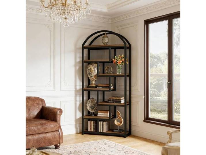 Bibliothèque industrielle – étagère 7 niveaux – métal noir et bois rustique – 180 cm
