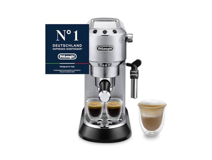 De'Longhi Dedica Style - Espressomaschine mit Manuellem Milchaufschäumer Manuelle Kaffeemaschine, Espresso und Cappuccino, Geeignet für ESE-Pads, Bedienfeld mit Tasten, Breite 15 cm, Metall, EC685.M