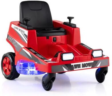 Costway 12V Ride on Lawn Mower for Kids with Dual Control Sticks and LED Lights-Red