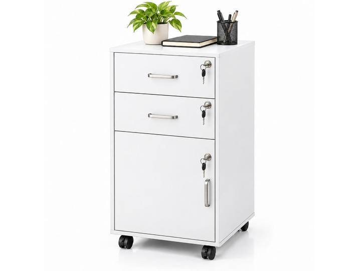 Relaxdays Rollcontainer Weiß abschließbar 2 Schubladen 74x40x40 cm, Holzwerkstoff, Metall, 40x74x40 cm, Büromöbel, Container