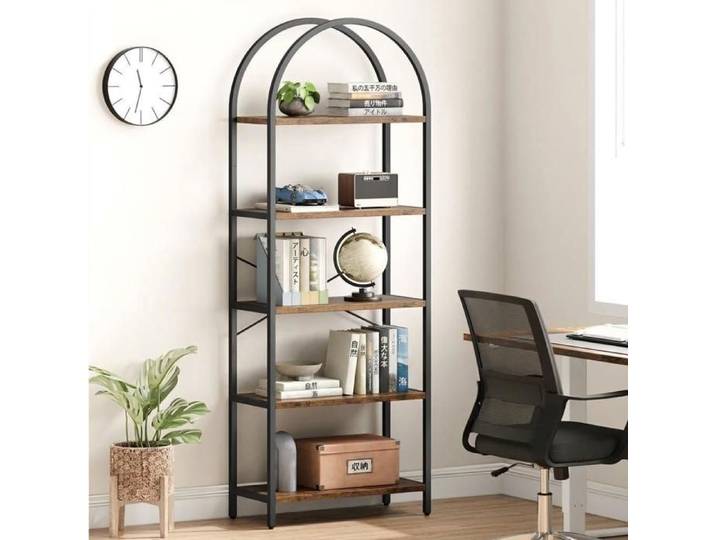 JOLLYTOP Bibliothèque Arche Industrielle 5 Niveaux - Étagère Métal et MDF Hauteur 180cm - Salon/Bureau/Chambre - Noir/Retro