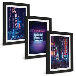 BILDER SET 3er Set - 20x30 cm Schwarzer Rahmen - Neon-Eingang zur nächtlichen Stadt