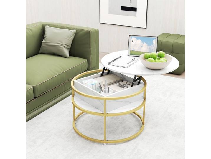 GOPLUS Table Basse Ronde D.80x49CM avec Plateau élévateur Espace Caché Table d'Appoint à 4 Etagères Blanc