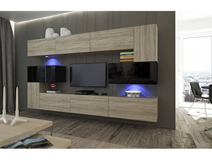 Furnitech Wohnwand Wohnzimmer - Wohnzimmer Möbel mit LED RGB - 16 Farben - Hängend Wohnwand Modern Schrankwand mit Regale und TV Schrank (Albania AN3-17SB-HGM40 1B)