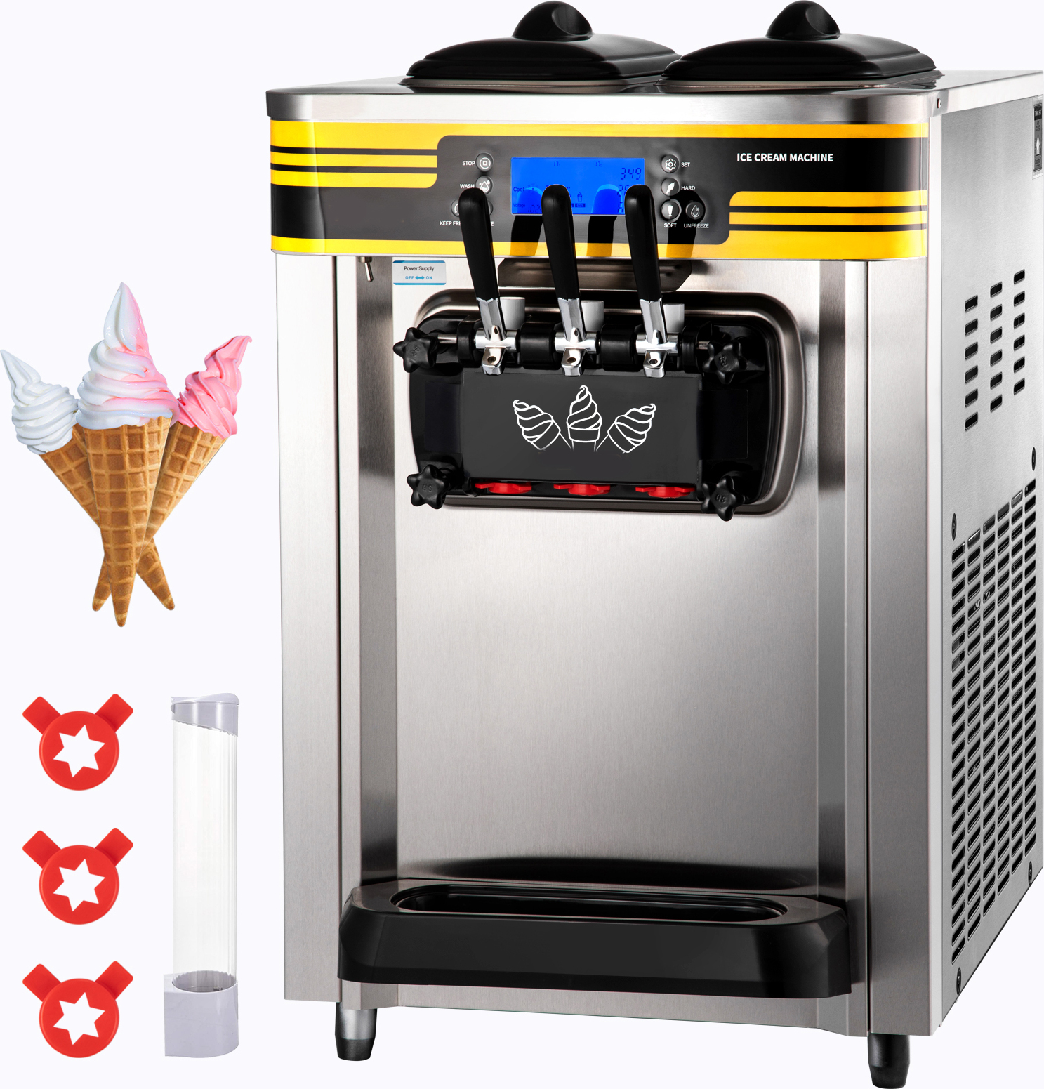 SucceBuy Commercial Ice Cream Maker, 22-30L/H, 2350W, Countertop Soft Serve Maschine, 2x6L Trichter, 2L Zylinder, LCD Panel, Puffing Shortage Alarm, Frozen Yogurt Maker für Restaurant, Silber