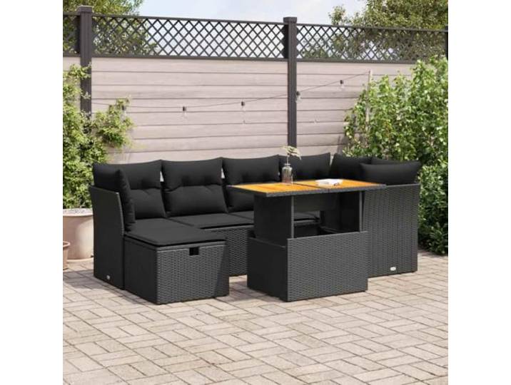 KTHLBRH Gartenmöbel-Set, 7-teilig, Polyrattan, Schwarz Eckregal mit wasserdichtem Behälter, waschbare Kissen, Glastisch, für Terrasse