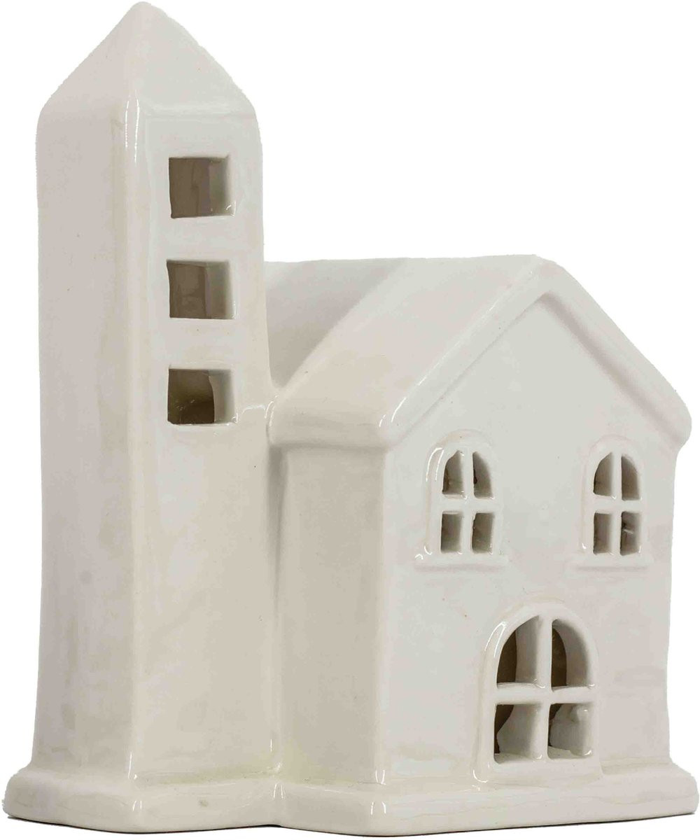 Keramische kerk met LED-verlichting voor op tafel
