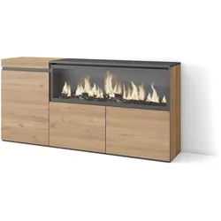 SKRAUT HOME Sideboard, Schrank, Küche, Sideboard, Flurmöbel, 160, 3 Türen, XXL Elektrokamin, Modern, Eiche _ 426_7
