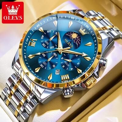Uplifted Goods Luxury Mens Chronograph Watch With Moon Phase And Waterproof Design gold Blue Face