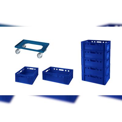 7 Stück E2-Kasten in Blau + 1 Transportroller mit vier Lenkrollen in Blau