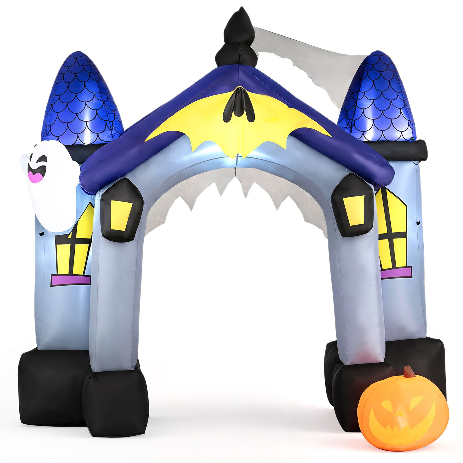 Costway Halloween Opblaasbare Kasteelboog met LED Verlichting, Geest, Vleermuis en Pompoen
