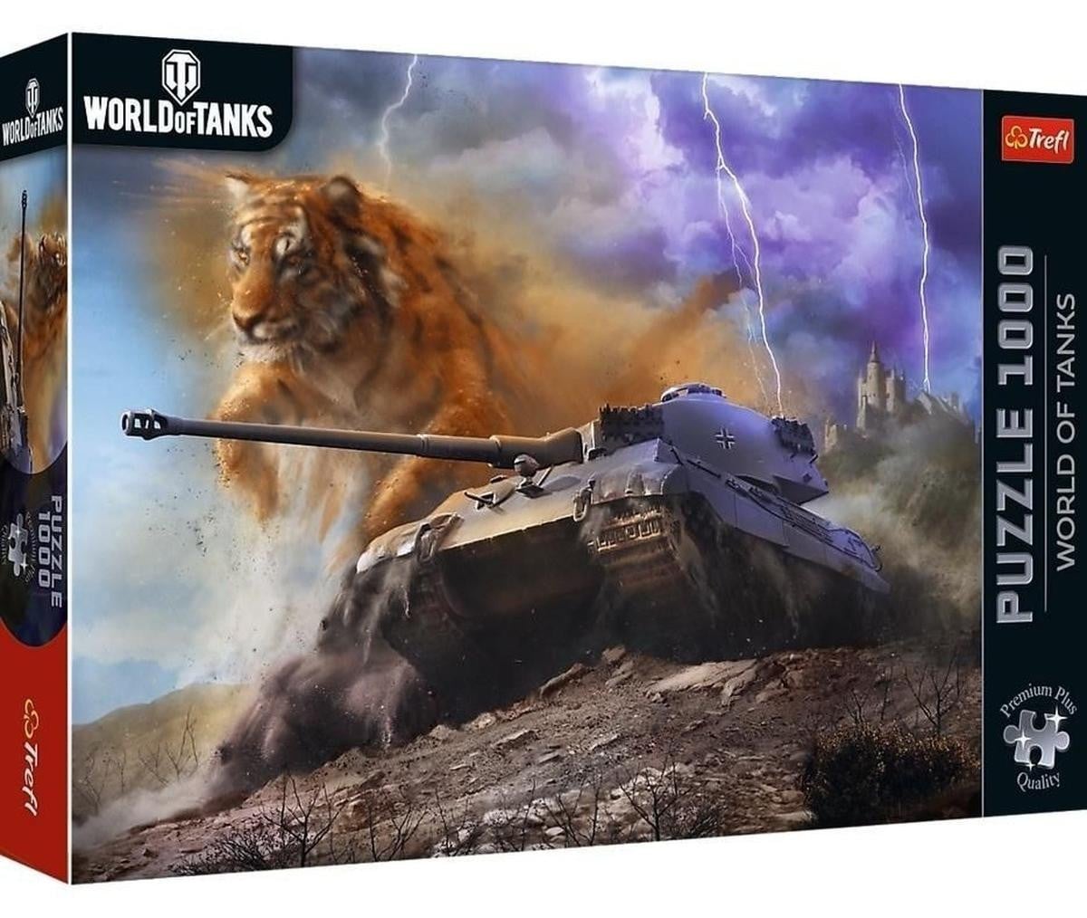 TREFL Puzzel 1000 stukjes Wereld van tanks - Tiger II met een tijger in het decor