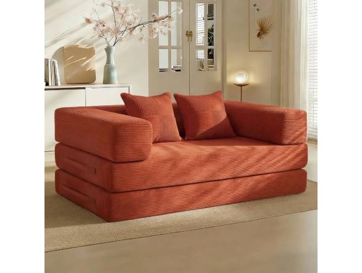Vipbear Schlafsofa 160cm Breit, Boneless Couch mit Schlaffunktion Cord Sofa 5-in-1 Bodensofa, 2 Sitzer Boneless Schlafcouch, Cloud Modulares Sofa Bed für Wohnzimmer Schlafzimmer Lounge Orange