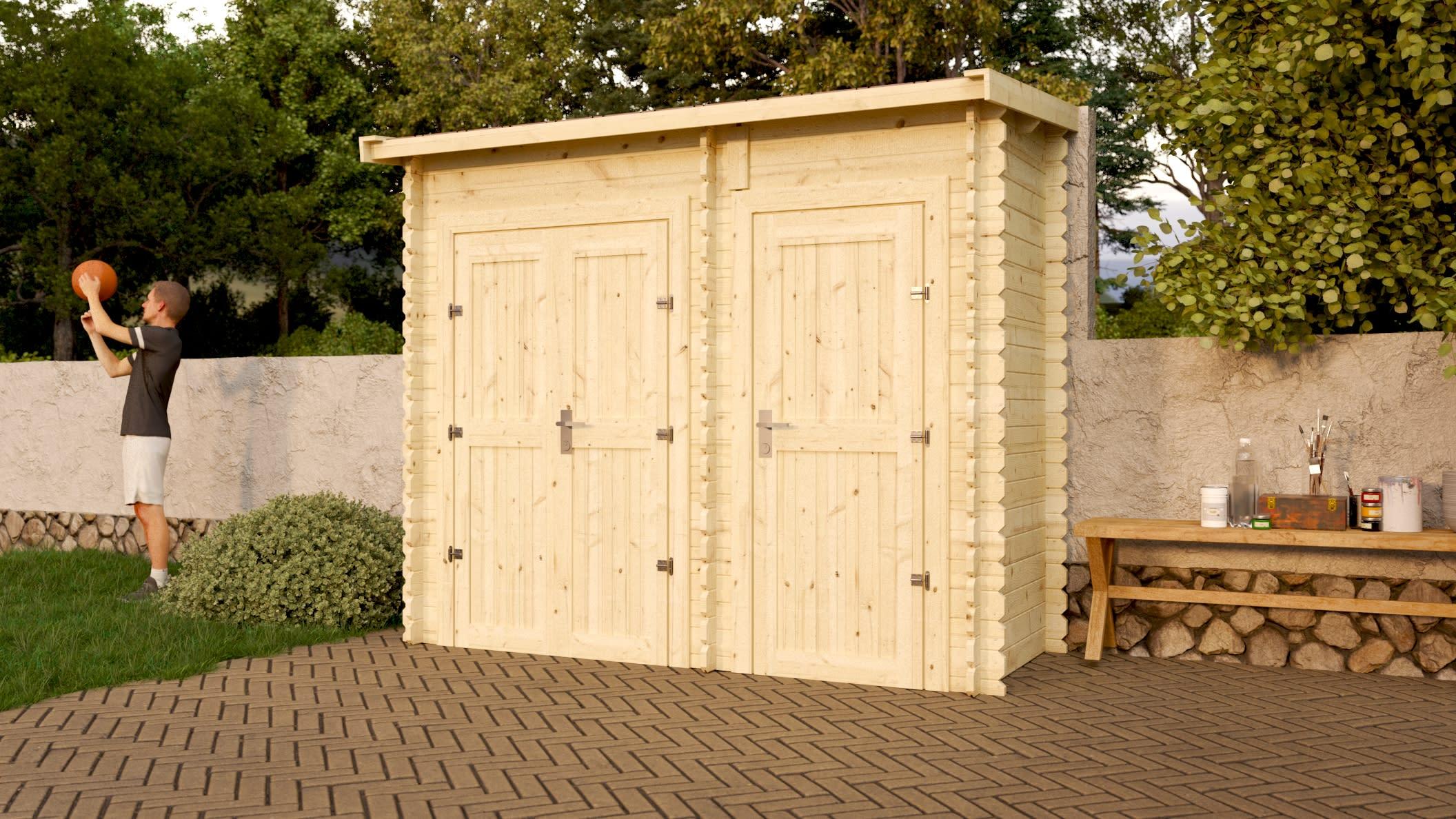 WOODTEX Naturbelassen 28 mm Blockbohlenhaus Gerätehaus Anbauschrank Barik, Gartenhaus aus Fichte, Gartenhaus mit Anbau, Gartenhaus mit Schrank, Gartenhaus mit Stauraum