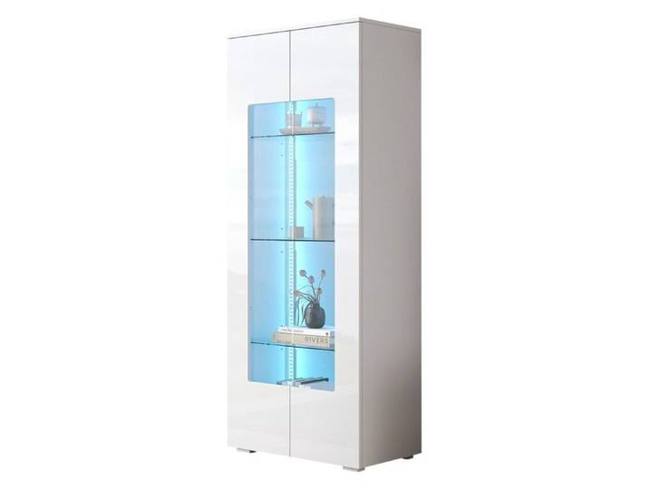 Vitrine de salon blanche brillante 70x40x173 cm MDF avec 2 portes acrylique bande LED et armoire porteuse en verre trempé
