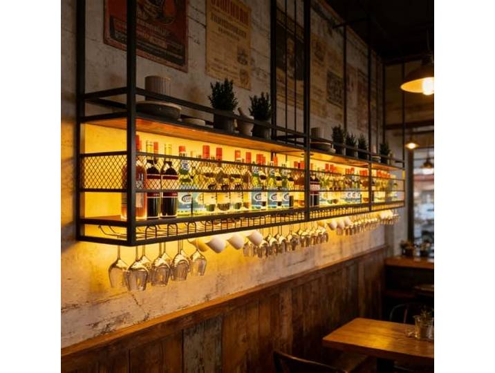 amhricho Deckenregal Weinregal, 2-Lagiger Industrieller Hängender Weinflaschenhalter mit Glashalter, Metall-Deckenregal für Bar Café Küche (BLACK, 180 * 30 * 50+40CM)