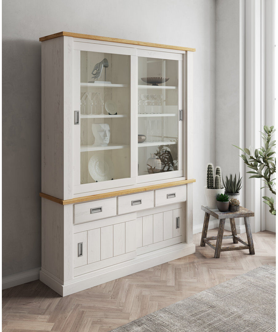 August Grove Cauldwell 150 cm W Display Cabinet Andersen Pine;Wotan Oak 203.4cm H X 150cm W X 39.6cm D