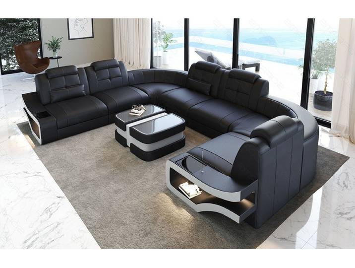 Sofa Dreams Wohnlandschaft Leder Couch Sofa Elena U Form Ledersofa, U-Form Ledersofa mit LED-Beleuchtung