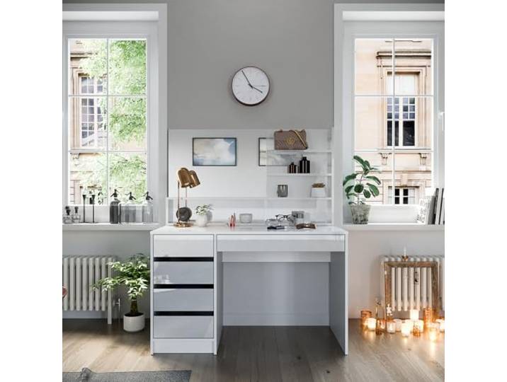 Vicco Schminktisch Sherry , Weiß 120 cm Spiegelregal · 5 Schubladen · Freistehend · Grifflose Optik · Geräumige Tischplatte
