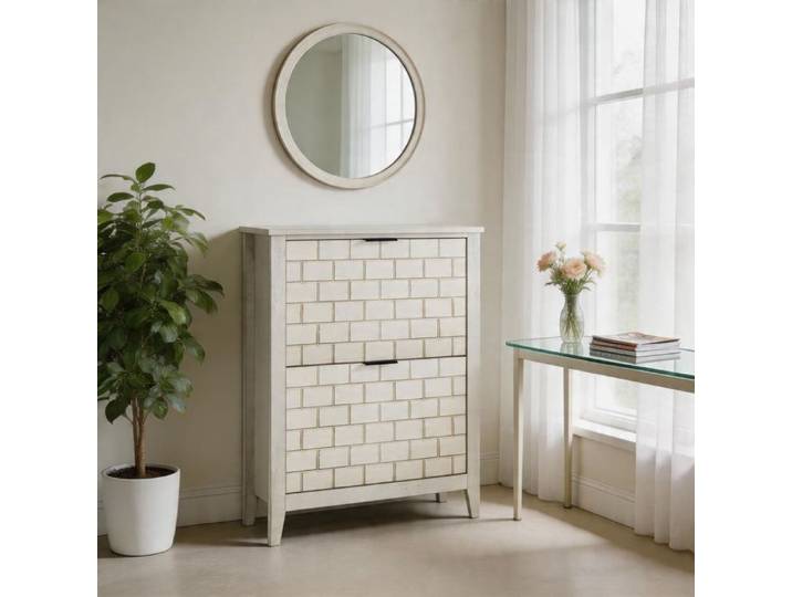 Armoire à chaussures - 80 cm - 2 tiroirs rabattables - MDF blanc rétro - Style vintage patiné
