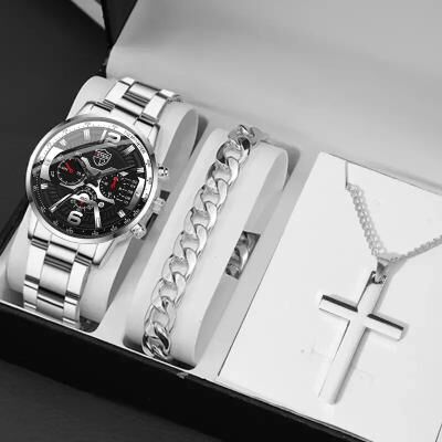 Friendly Fresh Finds Fashion Mens Calendar Watches Business Stainless Steel Quartz Wristwatch Necklace Bracelet Set silver Black