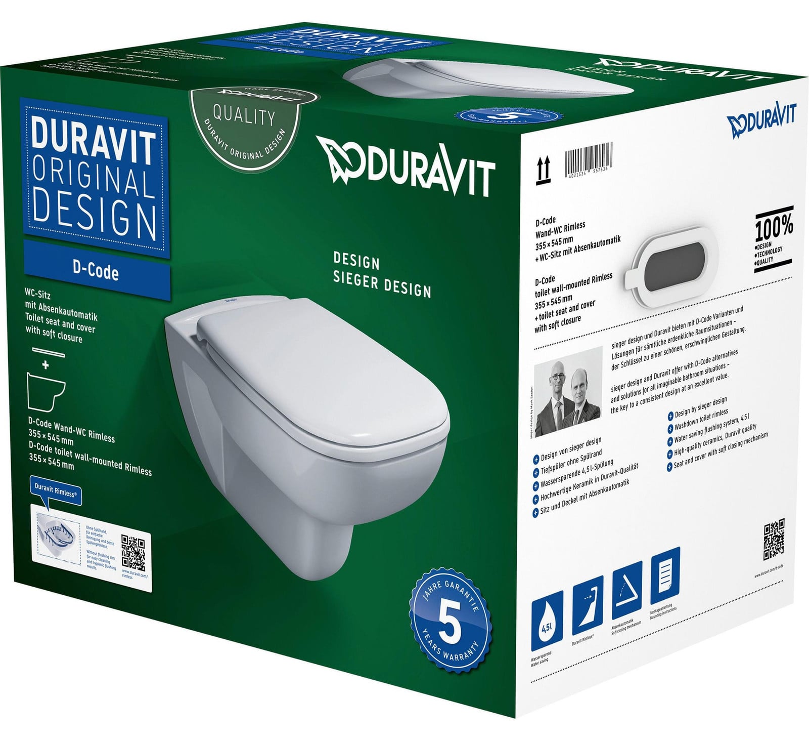 Duravit toiletset D-Code wandmodel Rimless wit, 1 stuk