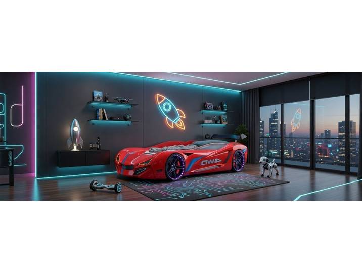 Xlmoebel Autobett Rotes Kinderbett im Rennwagen-Design mit LED-Beleuchtung (Kinderbett, Autobett), Made in Europa