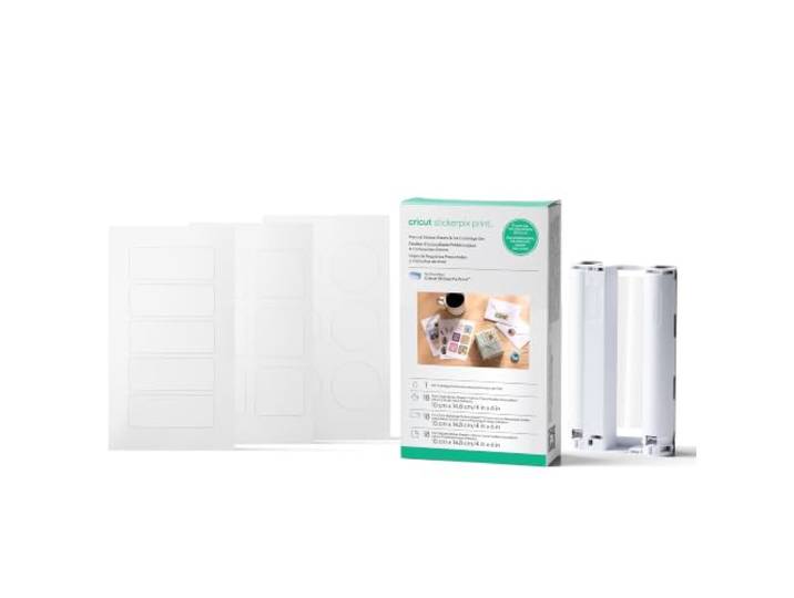 Cricut StickerPix Print™ Lot de feuilles d'autocollants prédécoupées et Pour une utilisation avec Cricut StickerPix Print. Comprend 1 cartouche d'encre\, 54 feuilles d'autocollants prédécoupées