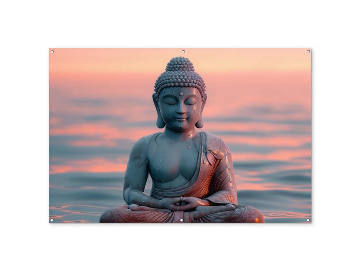 OnlyWow Gartenposter Buddha - Statue - Buddha - Wasser - Kunst - Buddha Poster für draußen 180x120 cm, Blaugrau, Kunststoff, Rechteckig, 180x120x0.2 cm, Bilder & Rahmen, Bilder, Sonstige Wandbilder