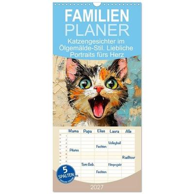 Familienplaner 2027 - Katzengesichter im Ölgemälde-Stil. Liebliche Portraits fürs Herz mit 5 Spalten (Wandkalender, 21 x 45 cm) CALVENDO