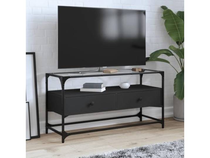 HEFZGDB TV-Schrank mit Glasplatte Schwarz 98x35x51 cm Holzwerkstoff Metallrahmen Industriestil Zwei Schubladen Stauraum Beistellschrank TV-Ständer Wohnzimmermöbel