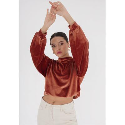 Klassische Bluse FRESHLIONS "Remy", Damen, Gr. S, braun (rostbraun), 100% Polyester, unifarben, normal, Blusen, mit Knopfleiste im Nacken
