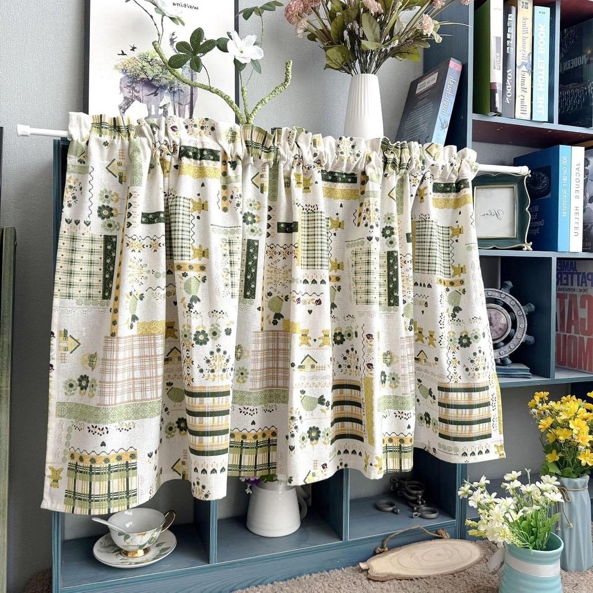 Vitrage Gordijn met Bloemenprint in Linnenlook - Meerkleurig - B/D/H: 50 x 140 cm