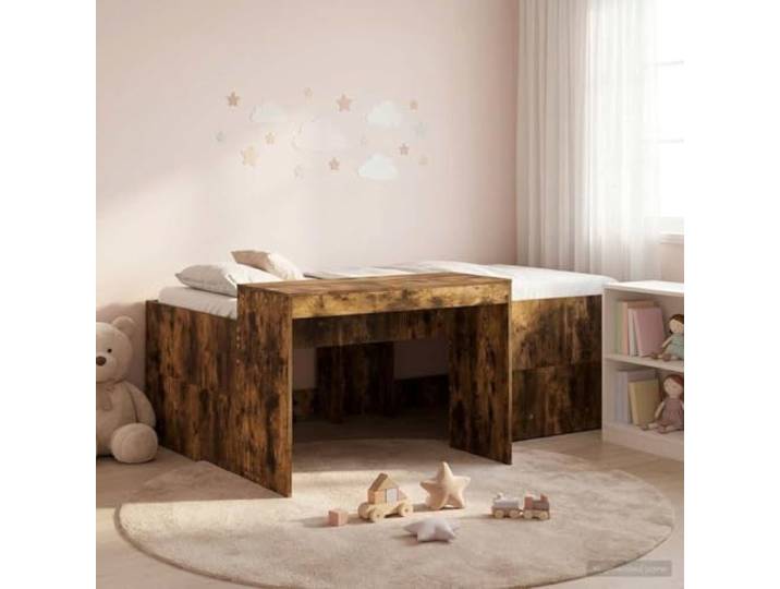 RJPLMFV Hochbett für Kinder, Büro, rauchfarbene Eiche, 75 x 190 cm Langlebiges Holzwerkstoff, robuste feste Latten, integrierter Schreibtisch, einfache Montage