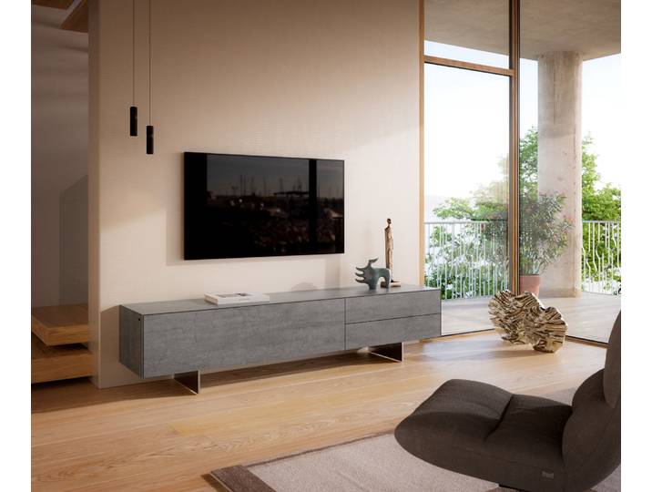 Meuble TV Cuor 220 cm Céramique Béton gris 1 Clapet 2 Tiroirs Pied optique flottant Ancier inoxydable