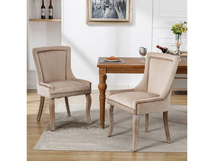 Lot de 2 chaises de salle à manger luxueuses en velours beige avec clous décoratifs et pieds en bois massif